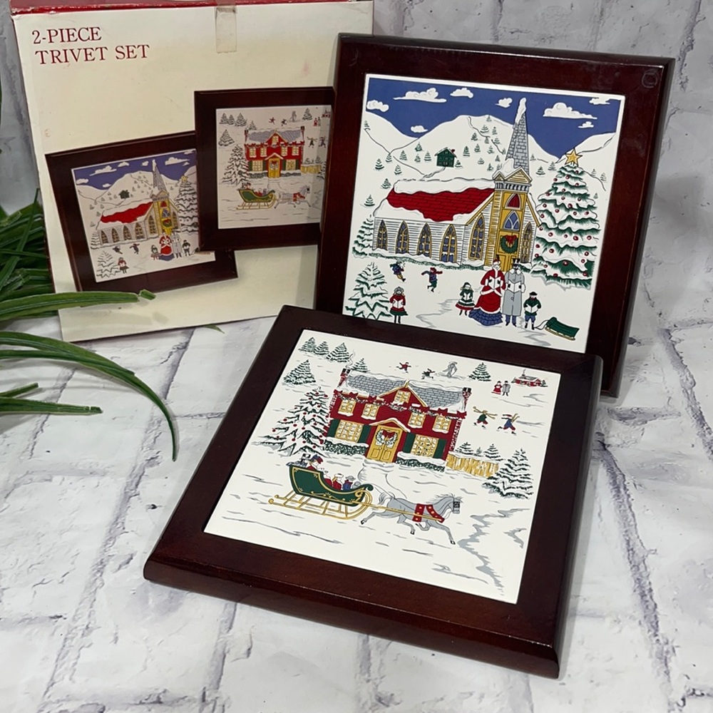 Vingage A Holiday Tradition Trivets Set of 2 Wood Framed Winter Wonderland Tile